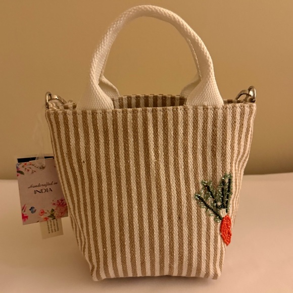 Handcrafted in India Beaded Bag Canvas Tote Vegetables w/ Tan & White Stripes - Picture 4 of 9
